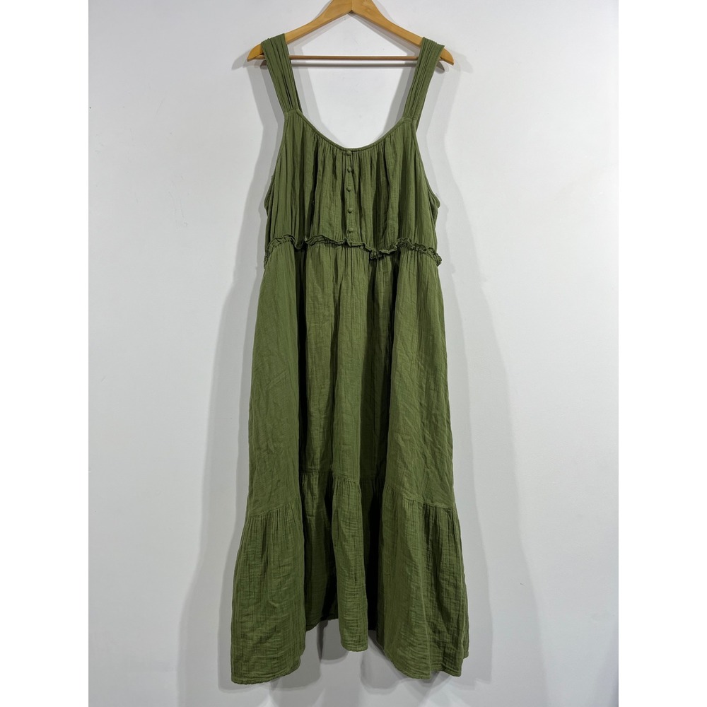 Womens Renfair Boho Olive Green Cotton Gauze Tiered Peasant Maxi Dress XXXL 70s